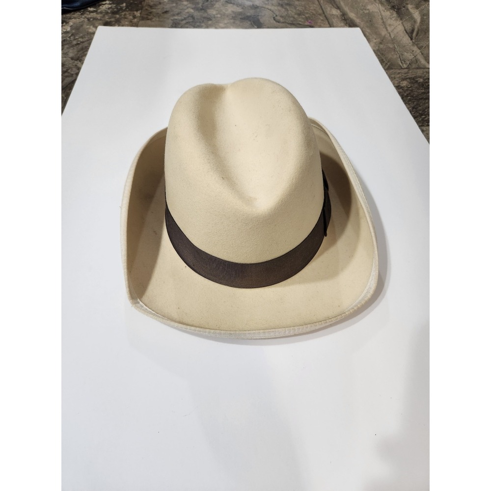 Dorfman Pacific Fedora Hat Cream‎ Pure Wool Brown Ribbon USA Medium